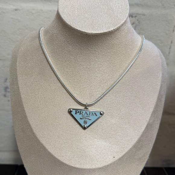 Upcycled Prada Silver Necklace with Light Blue Triangle. - Picture 1 of 4